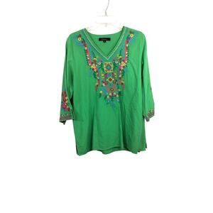 4082) Calesaa Green Patchwork Embroidery 3/4 Sleeve  V neck Tunic Blouse XL